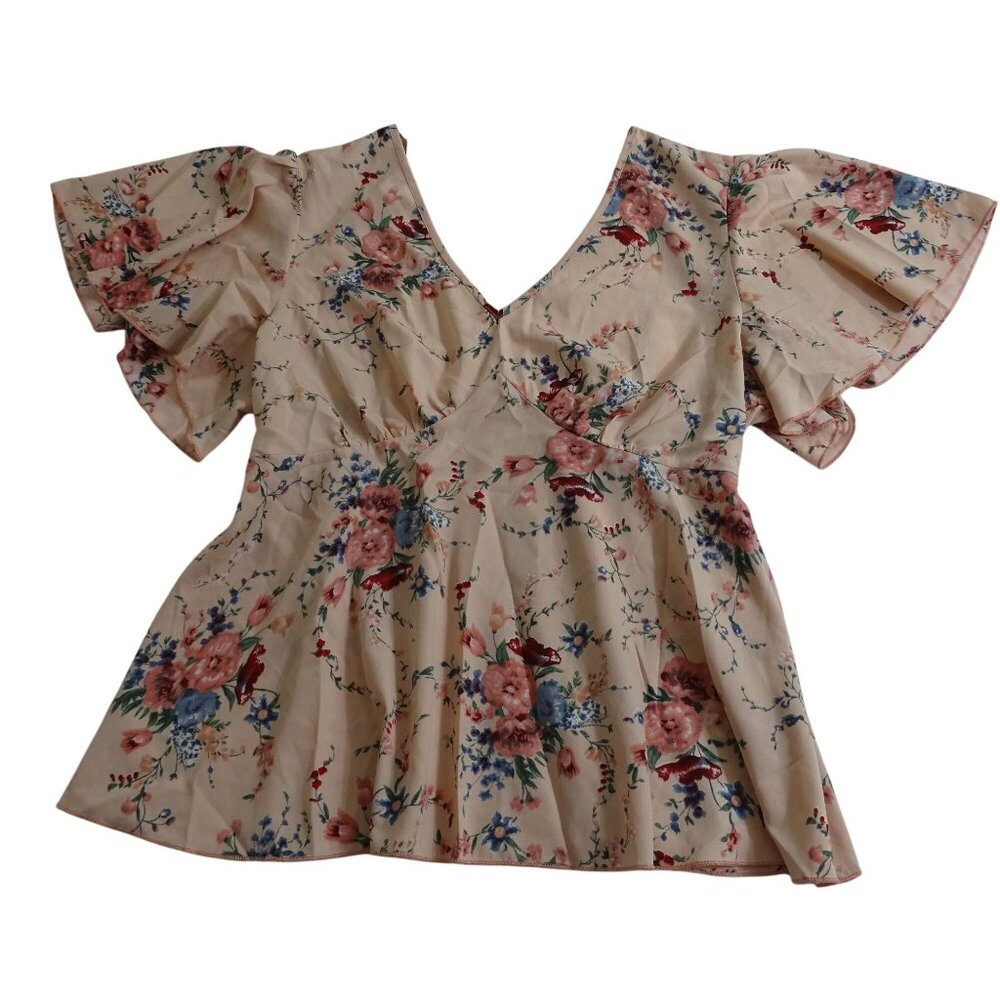 Pink Floral Print V-Neck Blouse Cinched Waist Womens Size L Short Sleeve